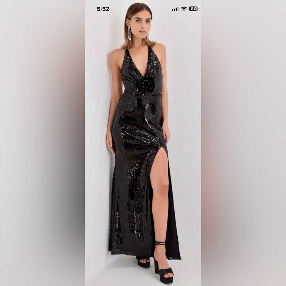 NWT LULUS SZ S Black Sequin Rosette Maxi Dress #22115996